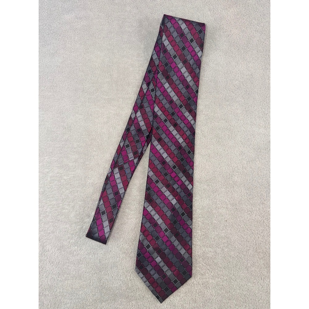 Calvin Klein Mens Silk Tie Extra Long Magenta Grey Geometric Grid Necktie